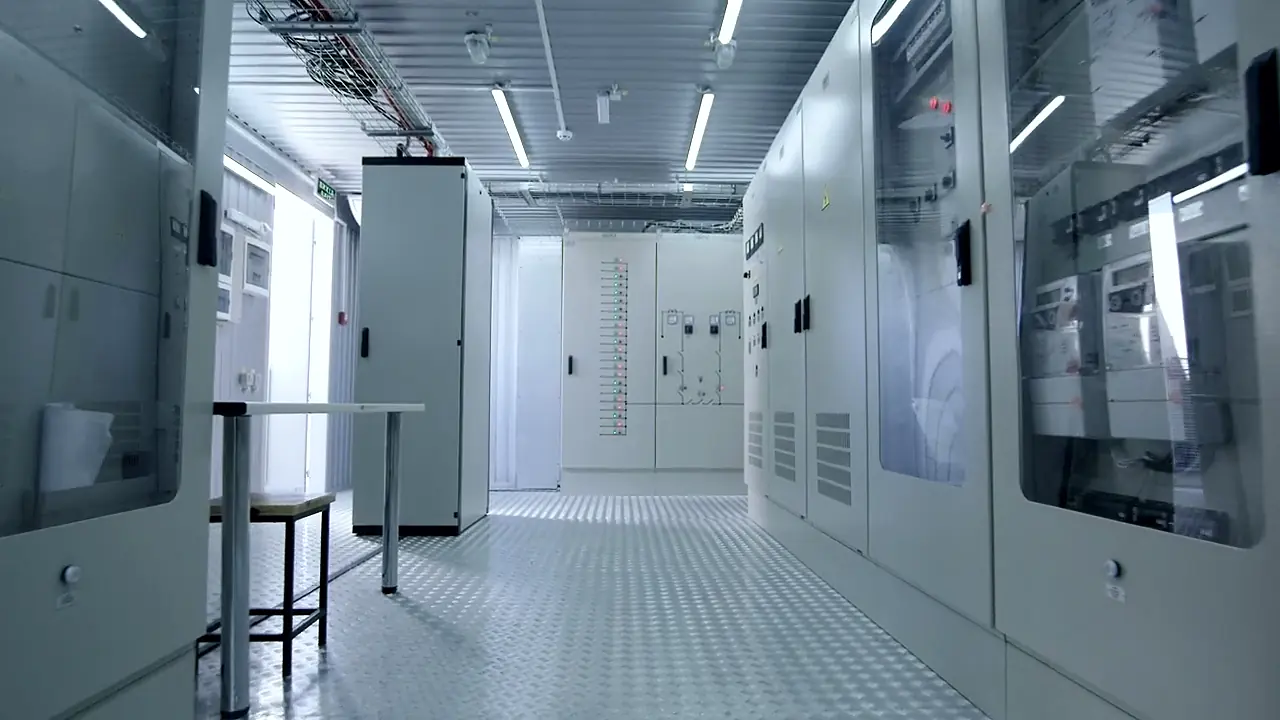 Rows of electrical switchgear cabinets with labelled control panels in a plant room