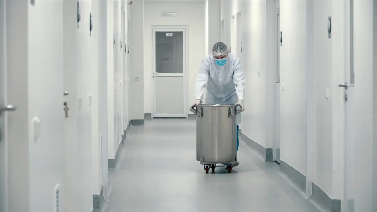 A clean clinical corridor with a staff member in protective clothing pushing a steel trolley