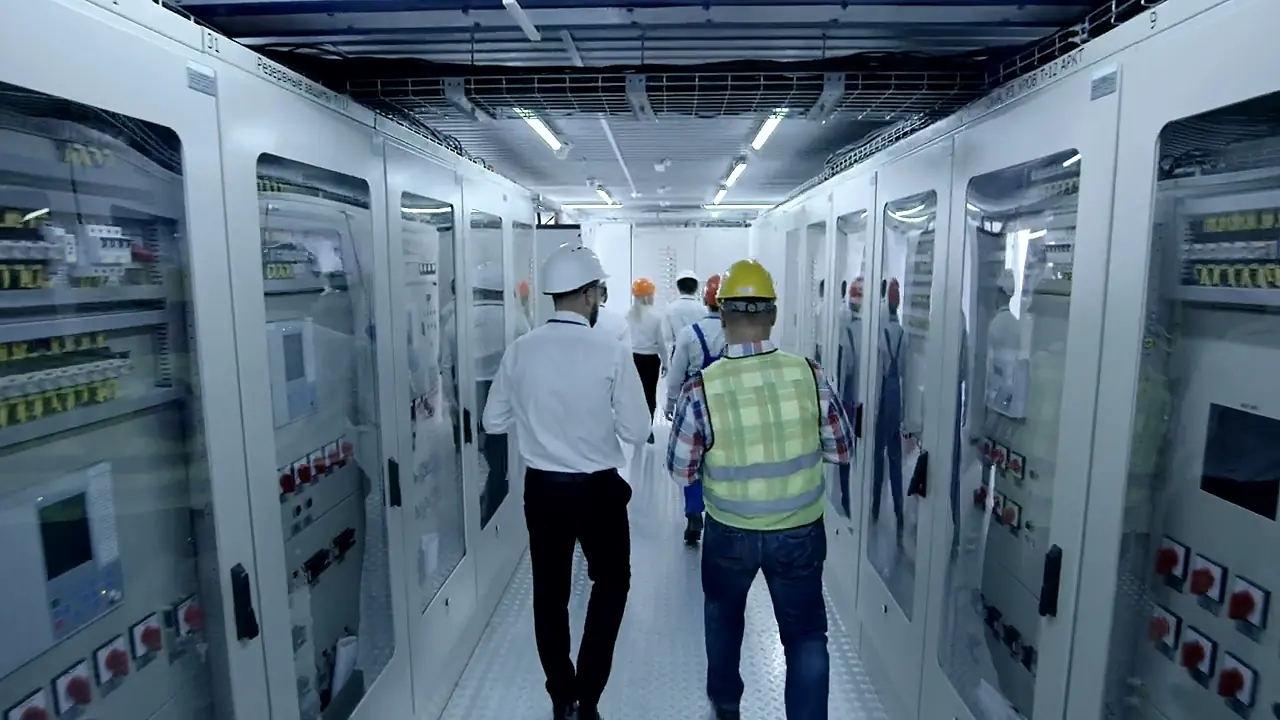 A maintenance team in hard hats walking a switchgear corridor, seen from behind