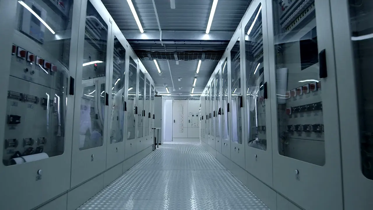 A long corridor of electrical switchgear cabinets with labelled control panels