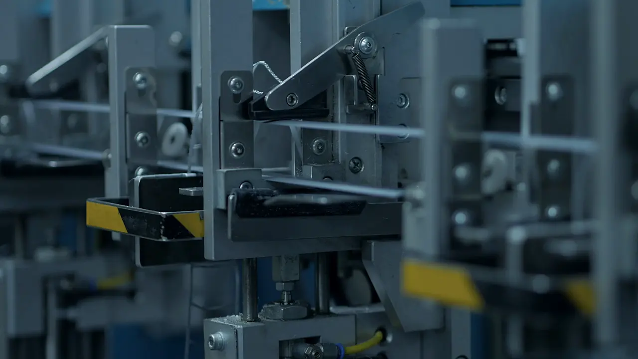 Close-up of automated plant machinery with yellow-and-black safety markings
