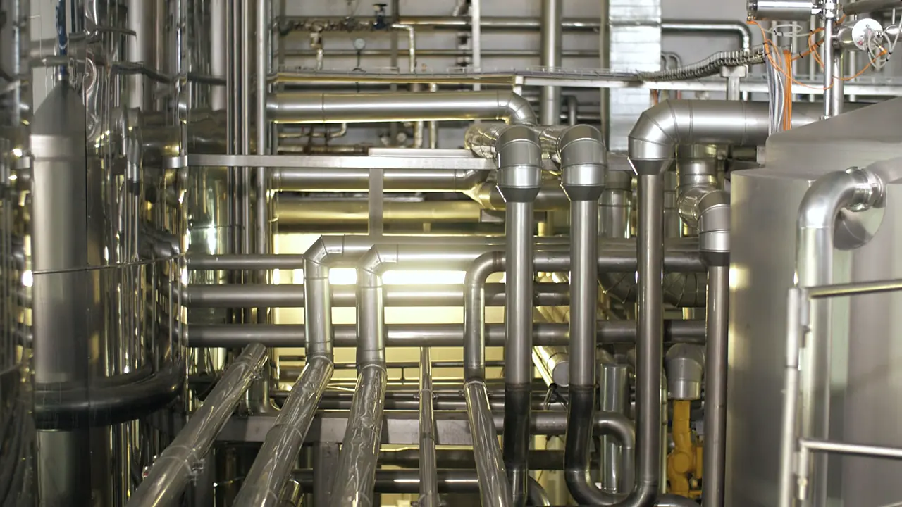 Stainless pipework, valves and pump housings in a plant room